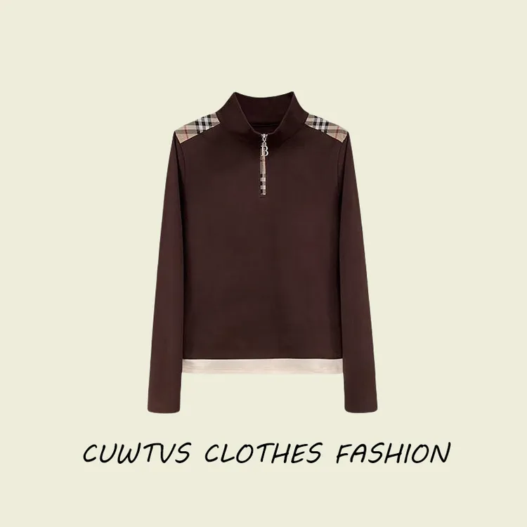 秋季新款德绒打底衫女半拉链格子拼接设计感长袖气质立领显瘦上衣