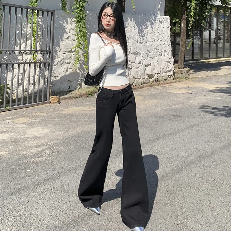 美式辣妹黑色修饰腿型显瘦水洗微喇拖地牛仔裤丨低腰丨长裤+加长