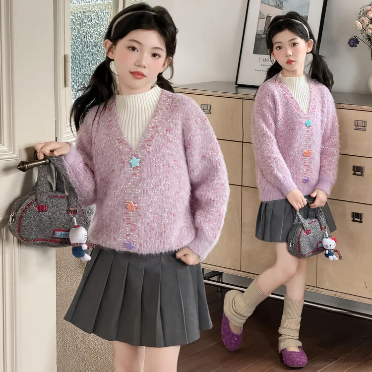 女童毛衣2026冬季新款彩点软糯假两件百搭儿童洋气针织衫外套上衣