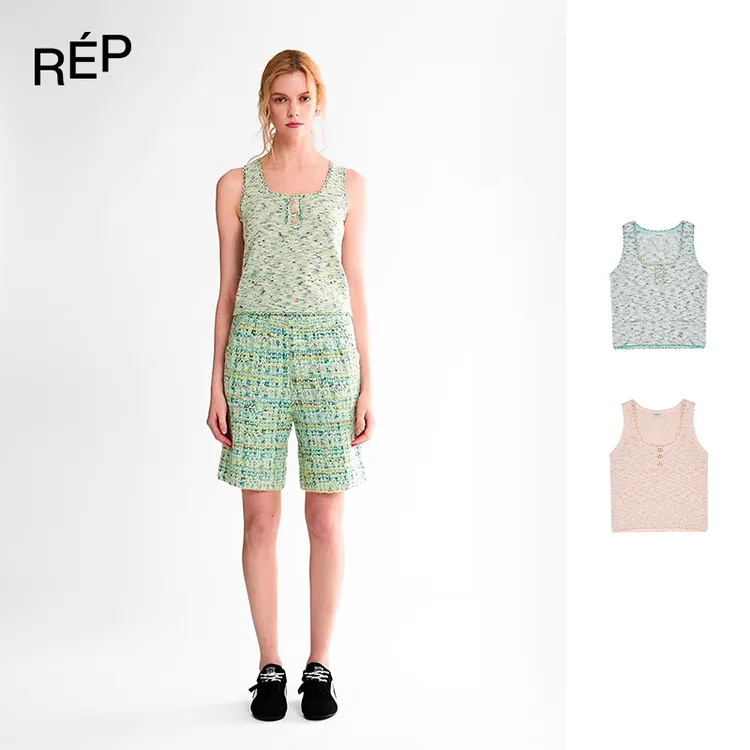 REP-CRUSH设计师品牌桃粉/绿色格子方领背心 26PS早春新品