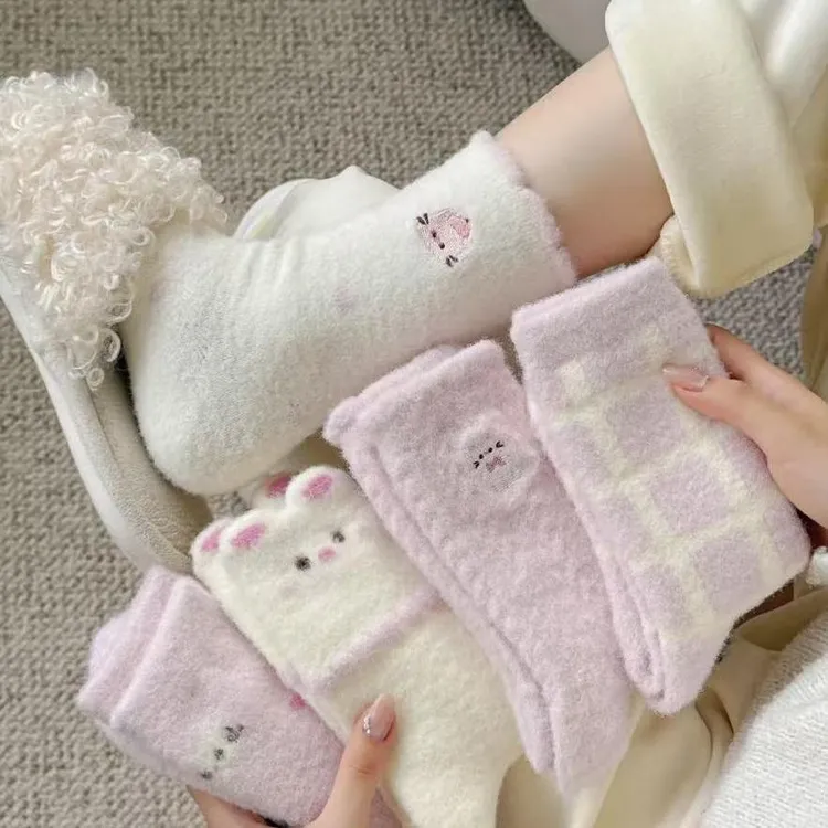 【五双】粉紫色猫咪仿貂绒袜女秋冬加厚可爱提花中筒袜保暖睡眠袜yw