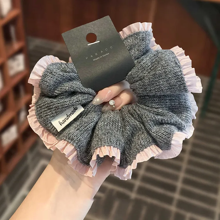 韩系灰色针织毛线大肠发圈女慵懒风扎头发超大号百搭发饰头绳秋冬