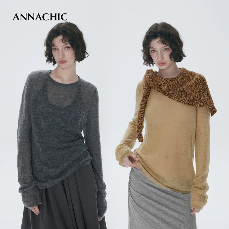 ANNACHIC"柔雾衫"_轻透舒适时尚毛针织衫/宽松外穿毛织上衣打底衫