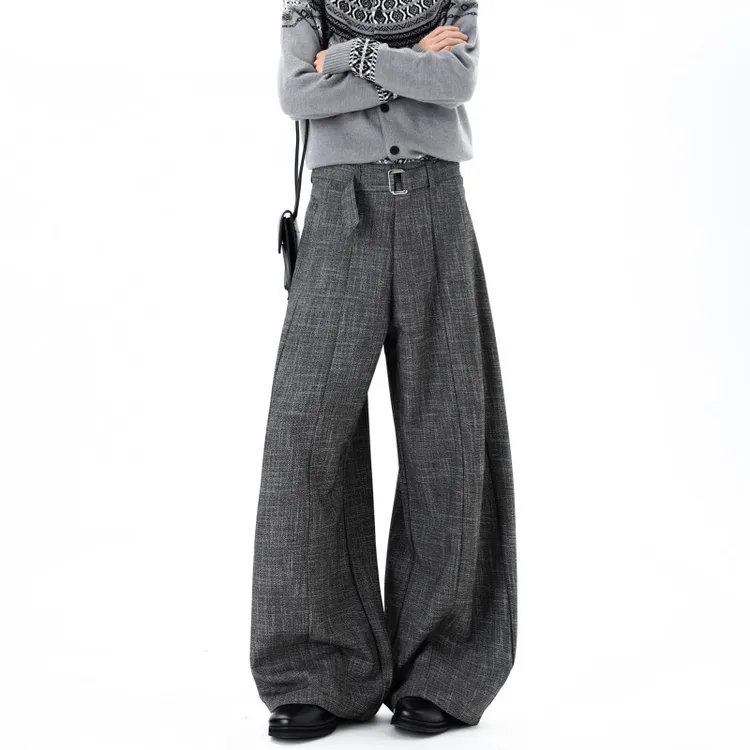 LUCKTALE老钱风呢料宽松直筒A字绑带休闲裤男女情侣百搭休闲西裤