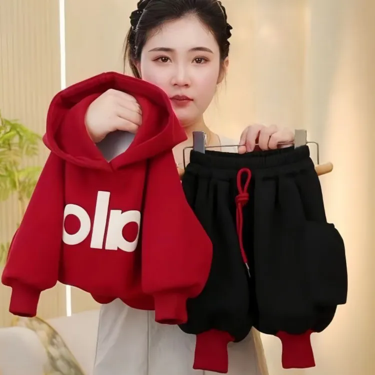 男女童秋款套装2025年新款连帽卫衣韩版洋气安哥拉红小脚工装卫裤