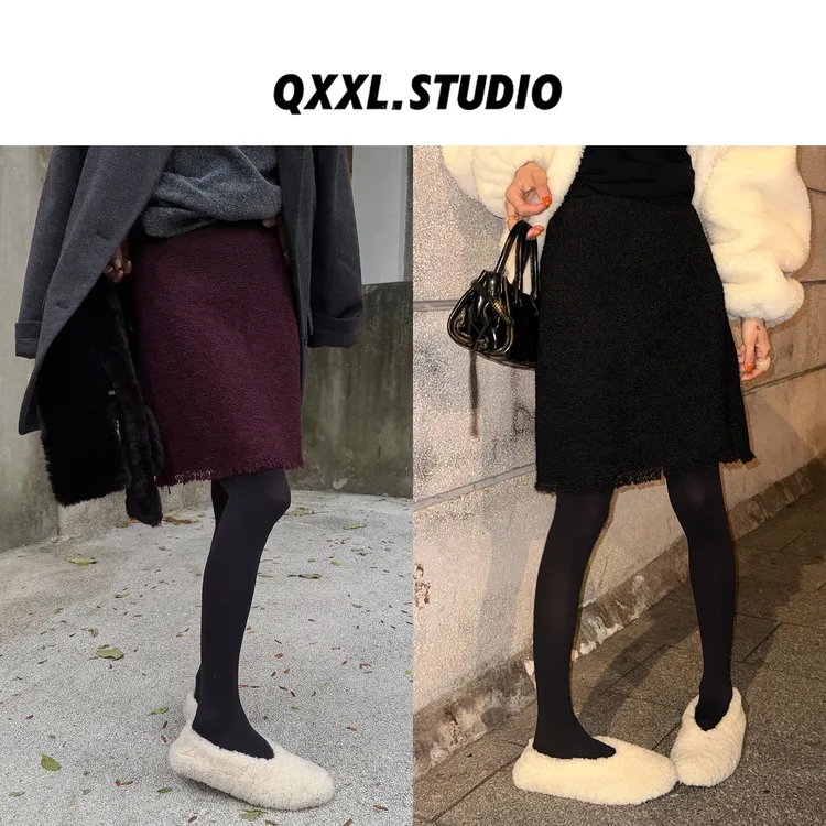 邱小小丽呀 冬季新款法式小香毛边半身裙女修身显瘦小个子a字裙