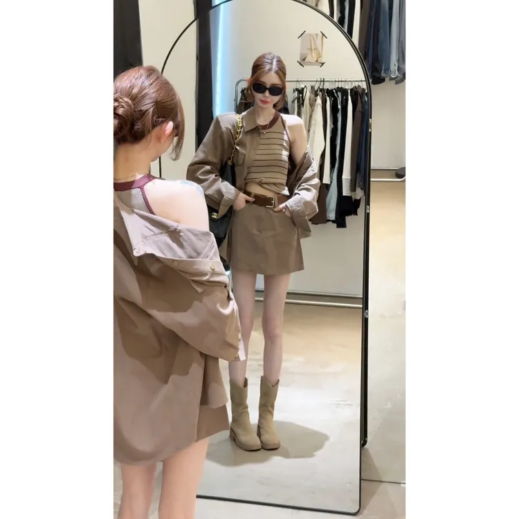 MARIE.COCO韩版宽松长袖衬衫外套背心高腰半身裙三件套早秋季套装