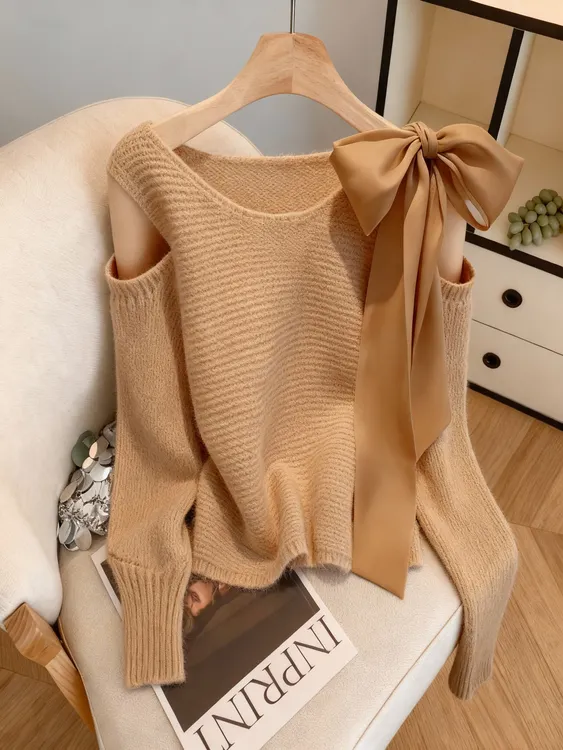 法式系带蝴蝶结温柔风毛针织衫女2025秋冬季新款甜美减龄露肩毛衣