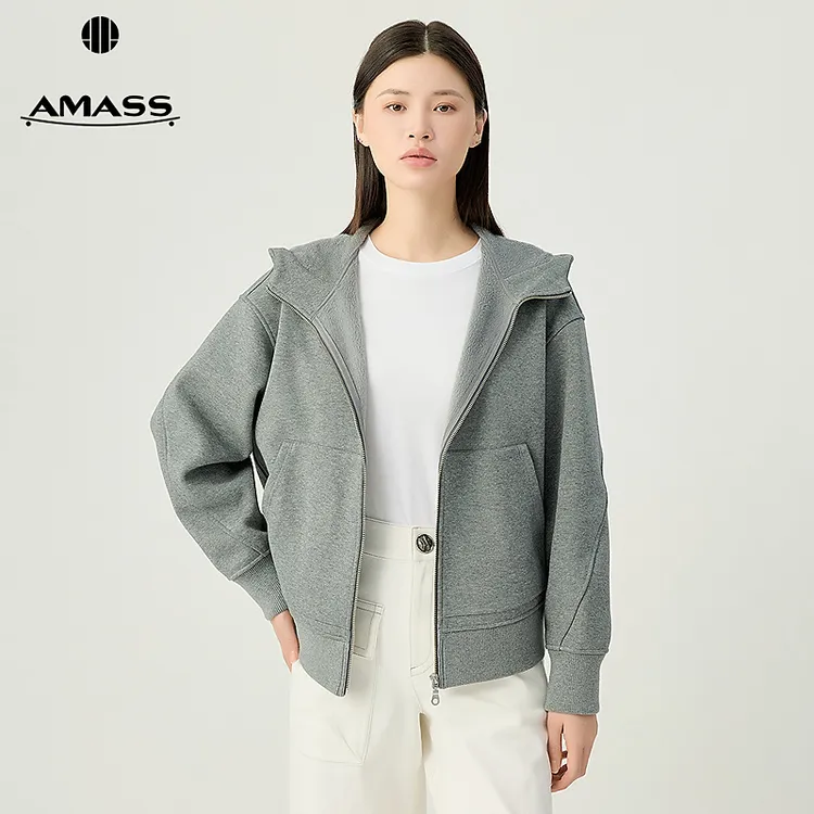 阿玛施AMASS新款时尚轻运动宽松休闲百搭植绒拉链连帽外套5400935