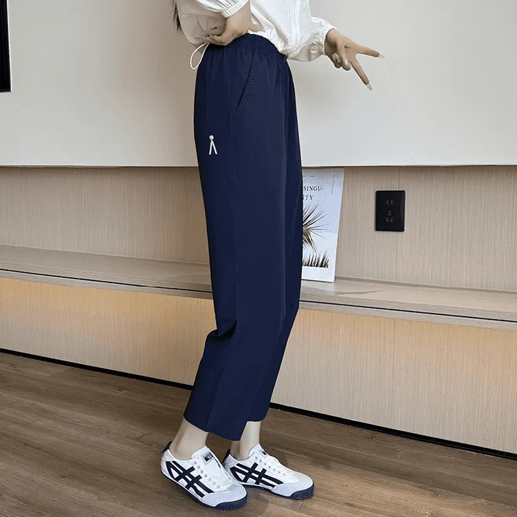 大码休闲小个子直筒八分运动裤夏季日系薄款冰丝速干哈伦萝卜裤女