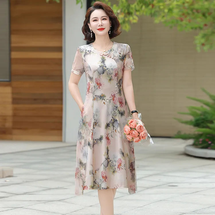 妈妈夏装连衣裙洋气中年女显瘦遮肚裙子中老年女夏季气质减龄长裙