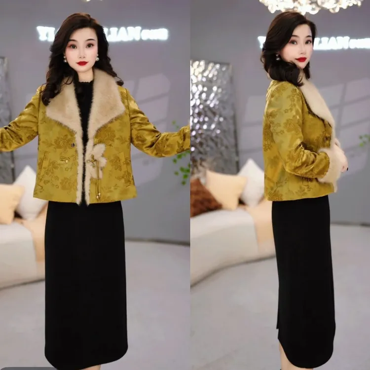 外套+连衣裙 2025冬季时尚复古中式气质加厚保暖毛领套装裙M-4XL