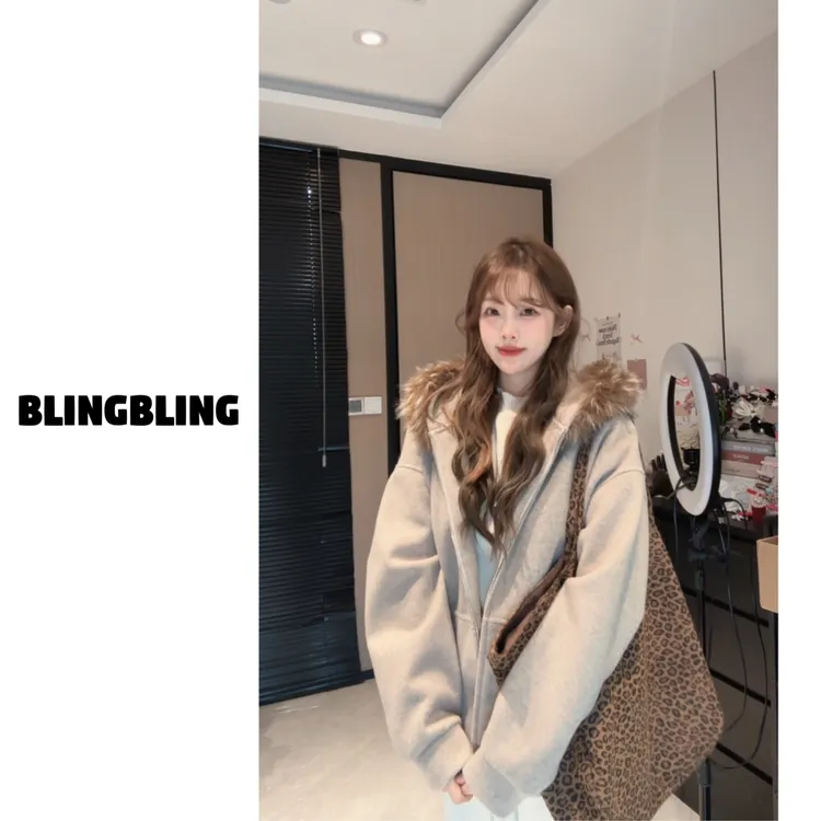 唐不灵微胖《毛领拉链外套》针织秋冬宽松显瘦连帽女羊毛天丝短外套