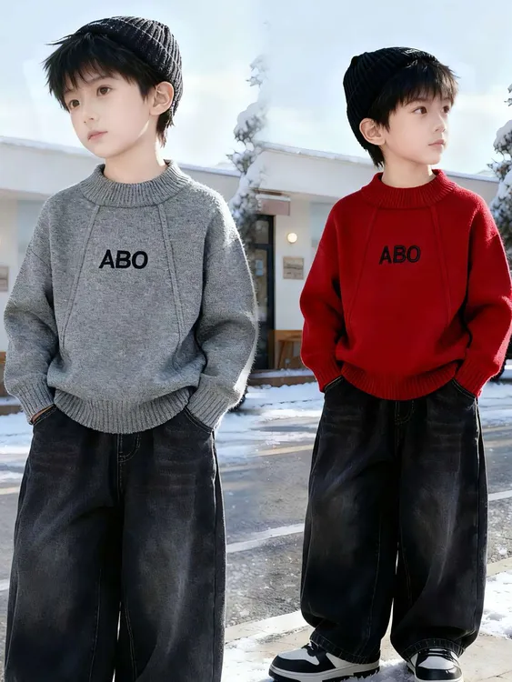 一体绒男童毛衣洋气套头2025秋冬新款加绒加厚刺绣百搭针织打底衫