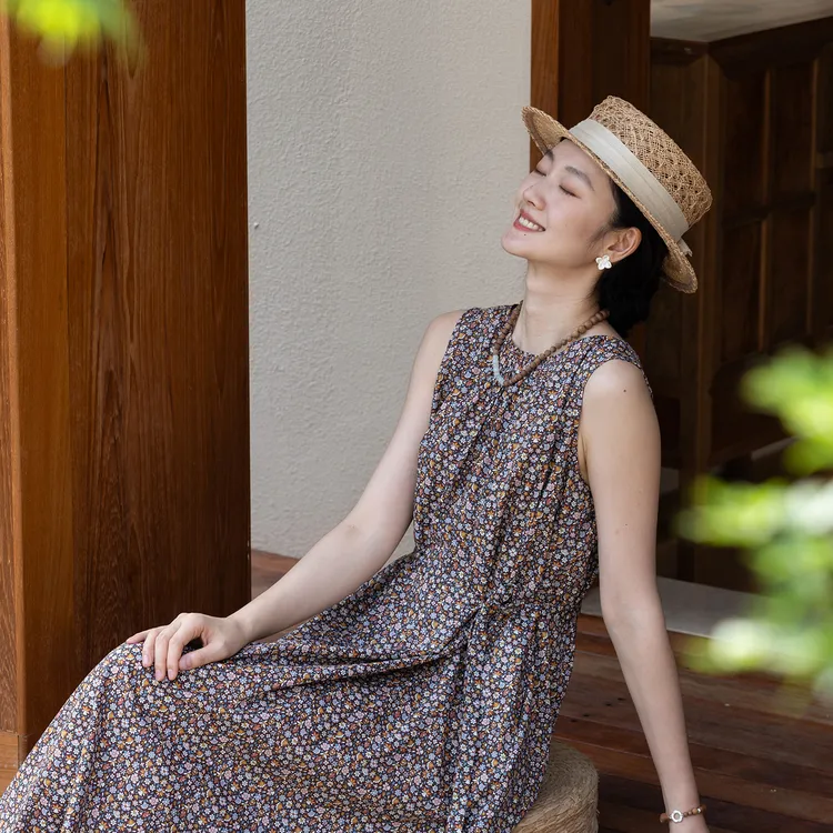 牧衣游原创 进口利伯缇印花纯棉连衣裙宽松文艺气质无袖长裙 思白