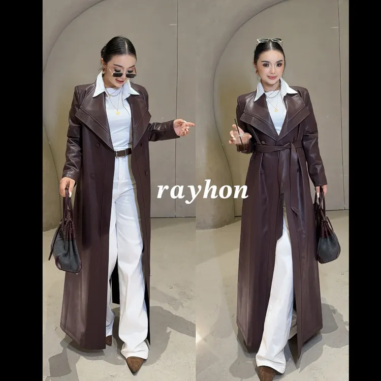 Rayhon长款标准春秋冬中长款翻领皮衣外套时尚韩版气质女士