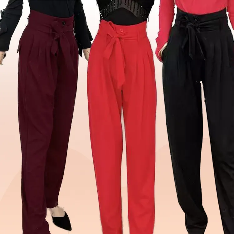 XMZ冬款拉丁舞吉特巴厚款飘带练功高腰宽松弹性有口袋女式演出裤