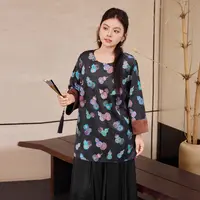 MsShe大码女装2025款秋装新中式缎面印花提花开叉小衫S~E2508042