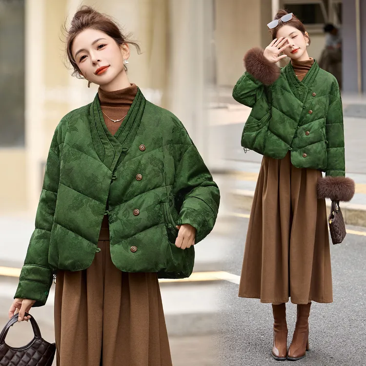 新中式国风狐狸毛拼接羽绒服女2025冬季新款高级感白鸭绒短款外套