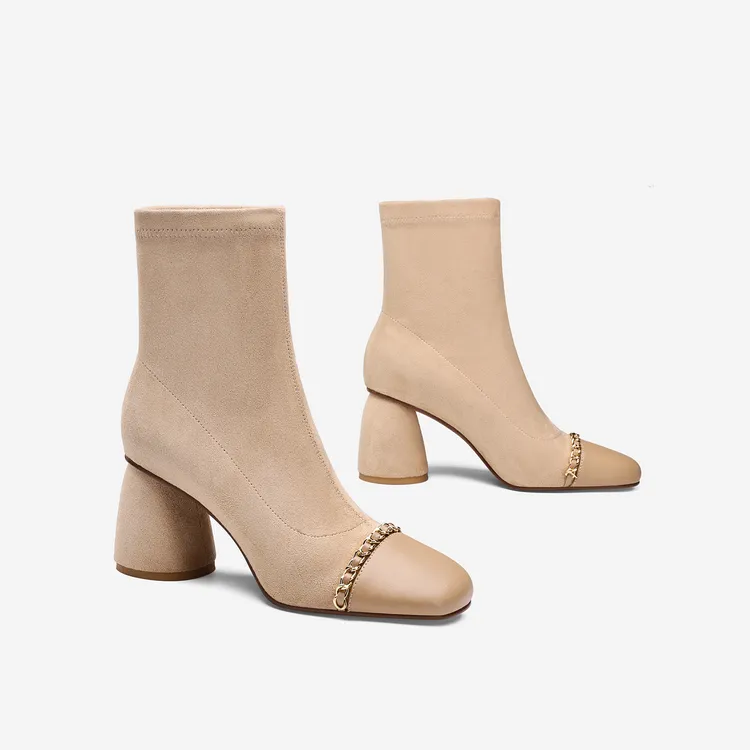 小香风高跟短靴女2025冬季新款粗跟靴子方头小踝靴百搭弹力瘦瘦靴