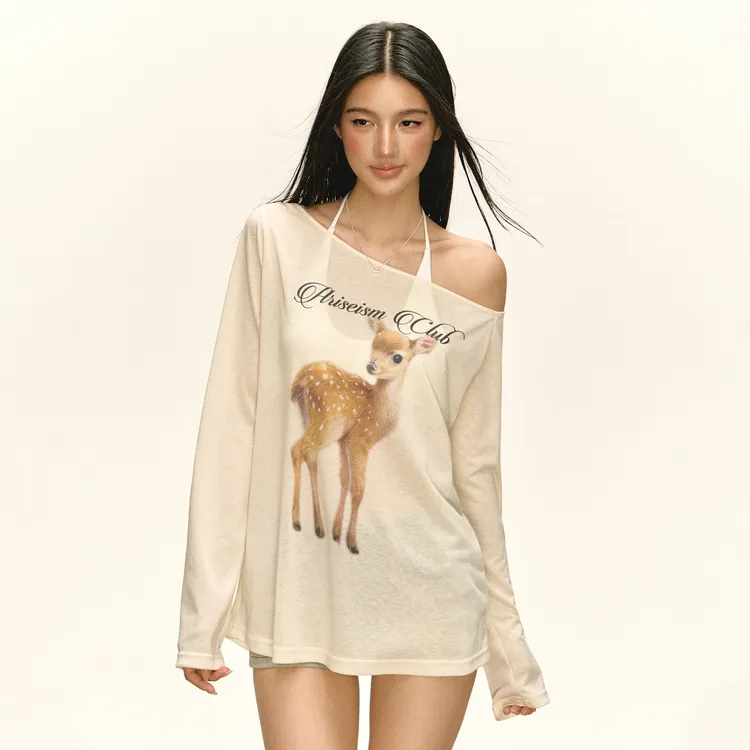 米黄色斜肩字母小鹿印花防晒罩衫女夏季薄款辣妹露肩长袖T恤上衣