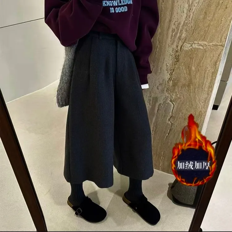 日系毛呢宽松显瘦女秋冬新款加绒时尚高腰百搭休闲裤八分阔腿裤