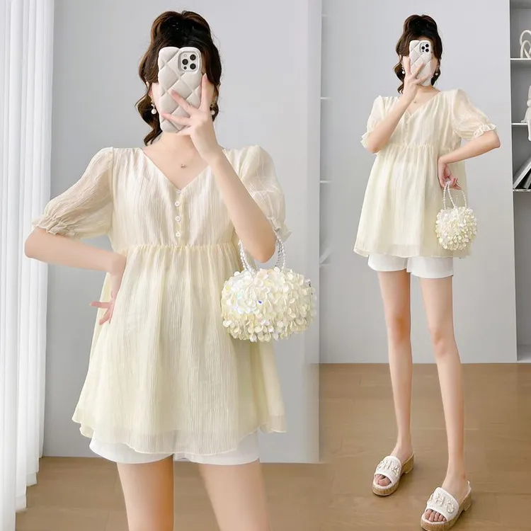 大码显瘦气质时尚孕妇装夏装休闲外出薄款短袖娃娃衫减龄洋气衬衫