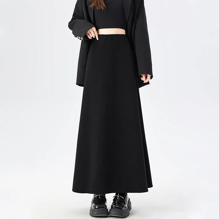 赫本风黑色毛呢半身裙女秋冬新款a字裙高腰显瘦包臀裙中长款伞裙