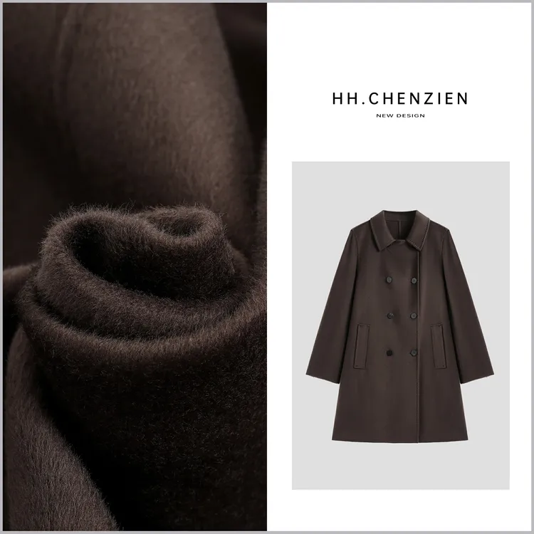 【黑黑家】秋冬新款翻领双排扣设计中长款毛呢大衣外套