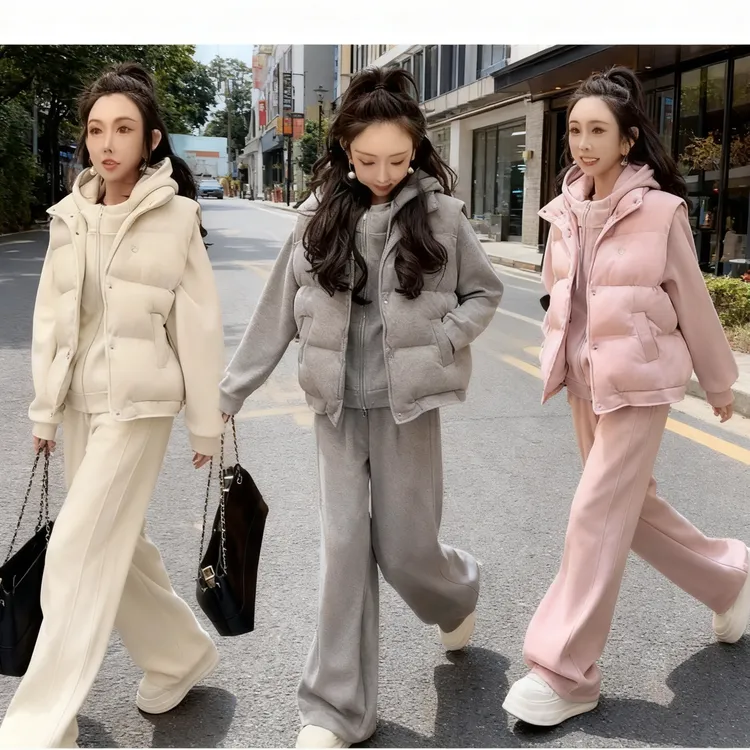 秋冬加绒加厚韩式极简风休闲时尚女卫衣外套马甲阔腿裤套装