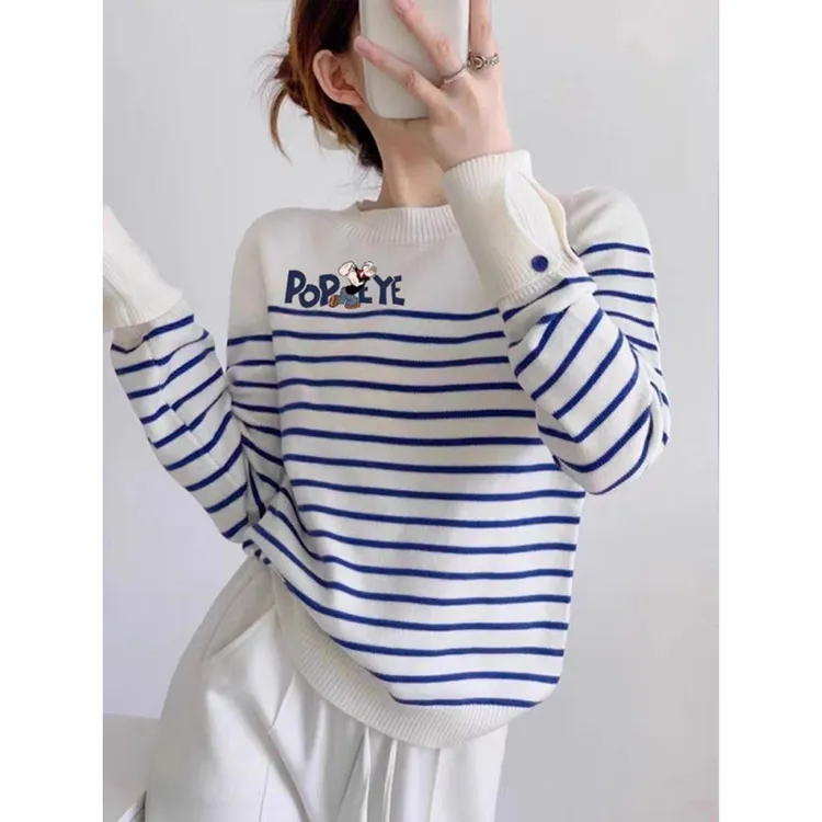 卡通大力水手条纹针织衫女秋装新款宽松显瘦套头毛衣百搭长袖上衣