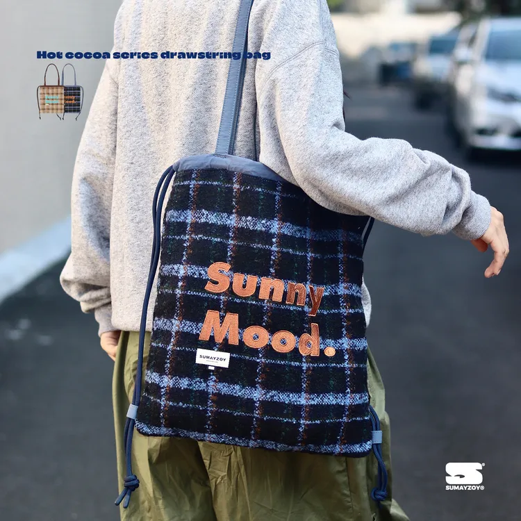 SUMAYZOY抽绳包毛绒单肩包复古格纹束口小背包书包双肩包幺幺七