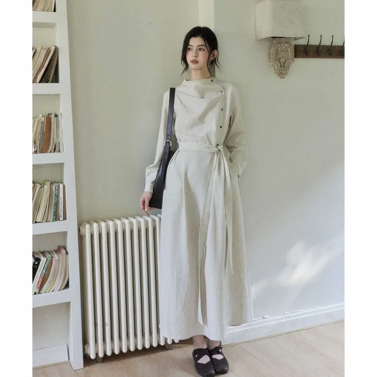 贰羊设计【暮云归】亚麻高级感长袖连衣裙女知识分子风垂感收腰裙