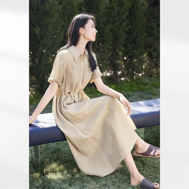 夏季新款爆款连衣裙女轻薄串珠微胖女孩大码小个子休闲通勤衬衫裙