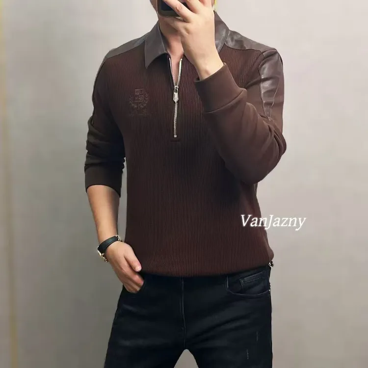 【VanJazny】新款男士时尚翻领针织拼接半拉链卫衣9159