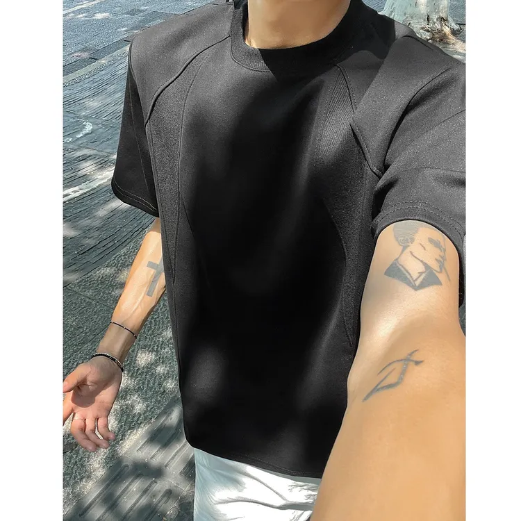 夏季薄款太空棉空气层拼接短袖T恤抗皱硬挺短款版型正肩男上衣