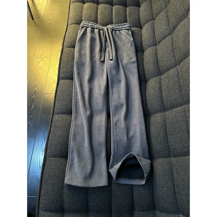 深灰色加绒针织人字纹裤子男款秋冬重磅雪尼尔阔腿垂感直筒卫裤