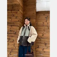 【离岸岛风】复古宽松立领拼色毛毛加厚夹棉保暖撞色棉服80125