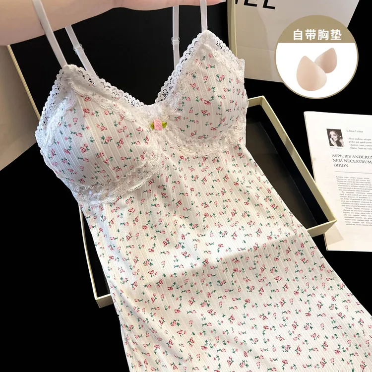 甜美风碎花带胸垫冰丝吊带睡裙女款夏季爆款性感女士睡衣裙家居服