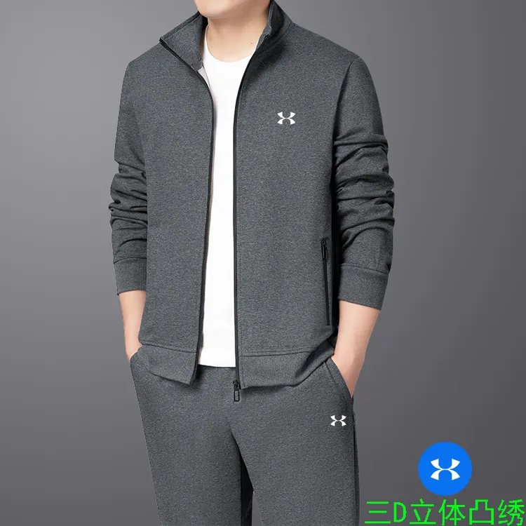 奥莱正品纯棉刺绣运动套装男冬加绒加厚宽松立领开衫爸爸两件套