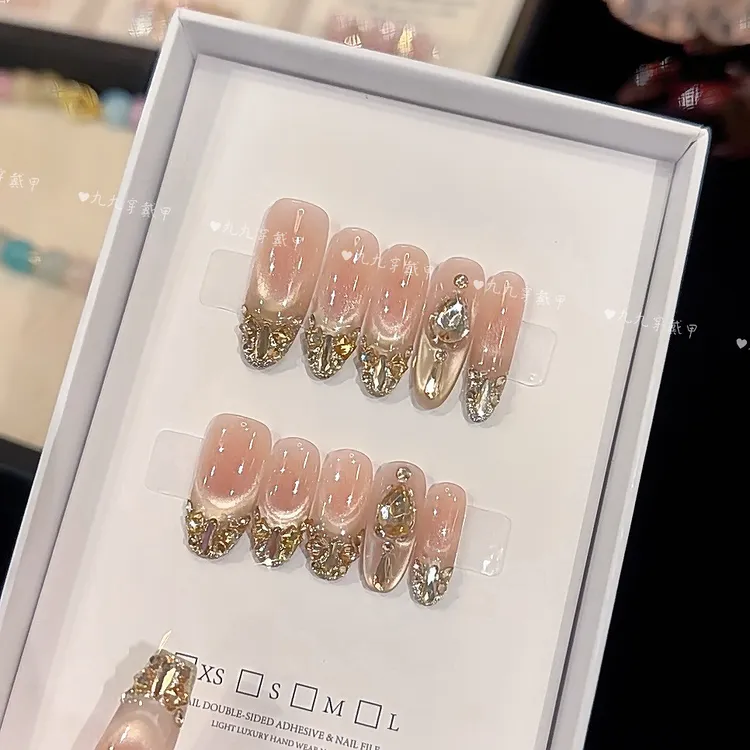 暮色流金 手工穿戴甲腮红香槟金锆石显白光疗美甲可拆卸穿戴甲