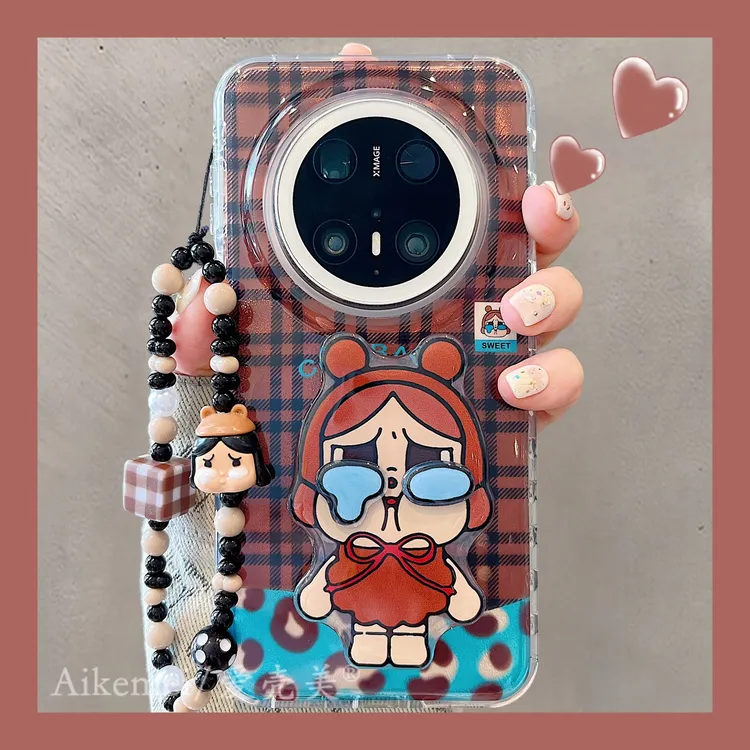 适用华为mate70pro+手机壳撞色格纹Mate60pro+小熊女孩蝴蝶结支架