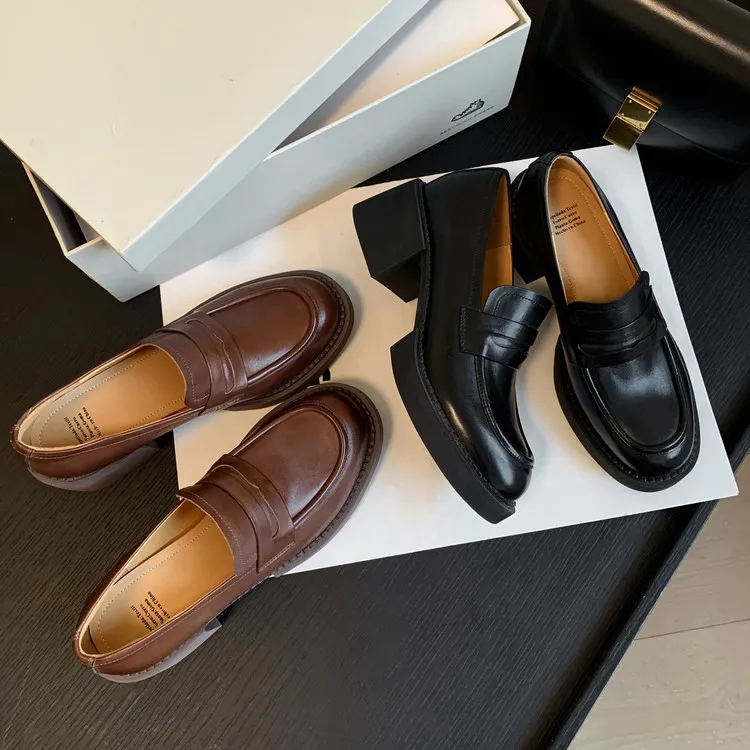 牛皮版！英伦风小皮鞋女真皮百搭一脚蹬乐福鞋粗跟通勤学院风单鞋