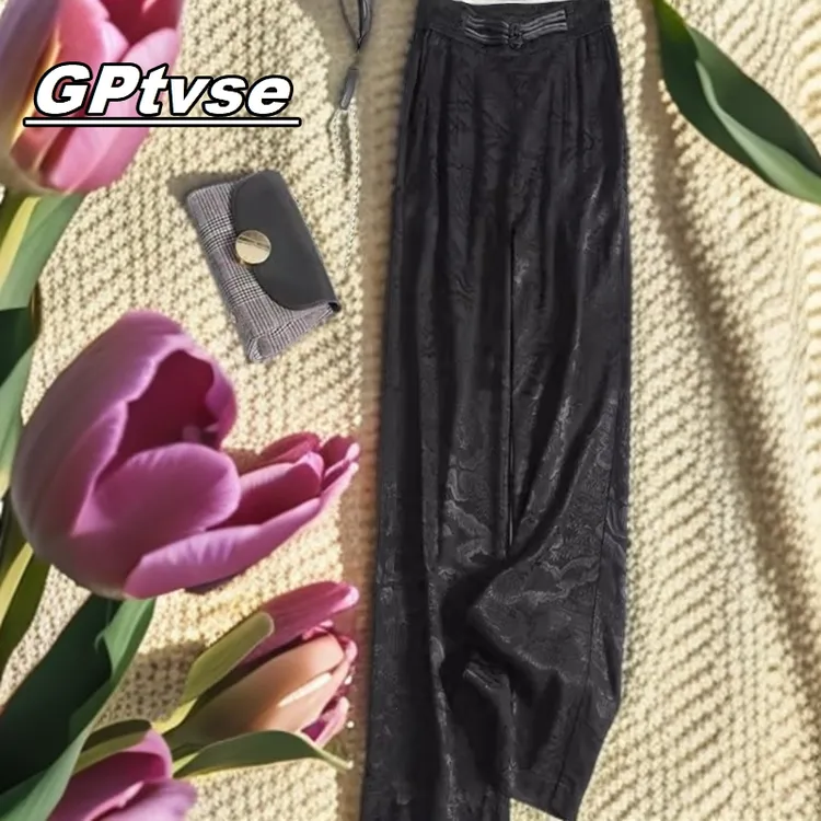 GPTVSE高腰显瘦新中式百搭休闲2025女夏提花垂感宽松直筒阔腿长裤