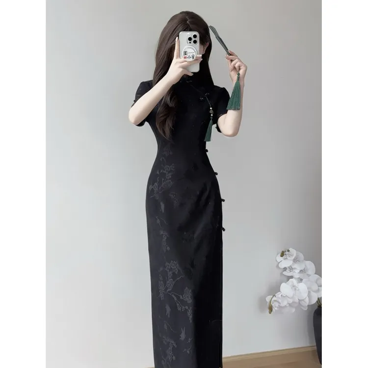 女款旗袍黑色古法蕾丝印花新中式日常修身新中式修身蕾丝旗袍裙