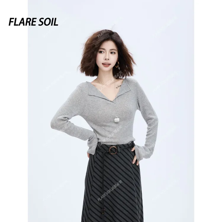 【FLARE SOIL】（现货）复古法式优雅V领翻领针织休闲长款上衣 T4598A