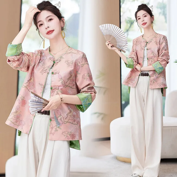 新中式国风提花外套女2025春秋新款撞色短款复古盘扣改良唐装上衣