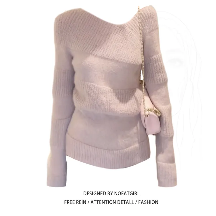 大码胖MM温柔慵懒风斜肩粉色针织衫女秋冬季长袖显瘦减龄气质上衣