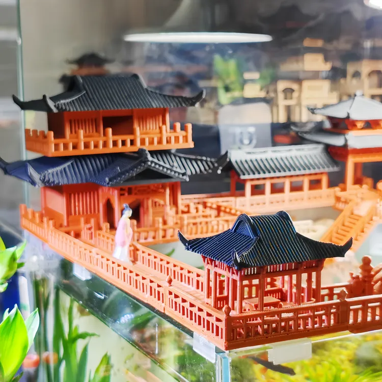 定制3D工艺仿塑防鱼跳缸廊道亭子建筑造景模型鱼缸水系景观小摆件