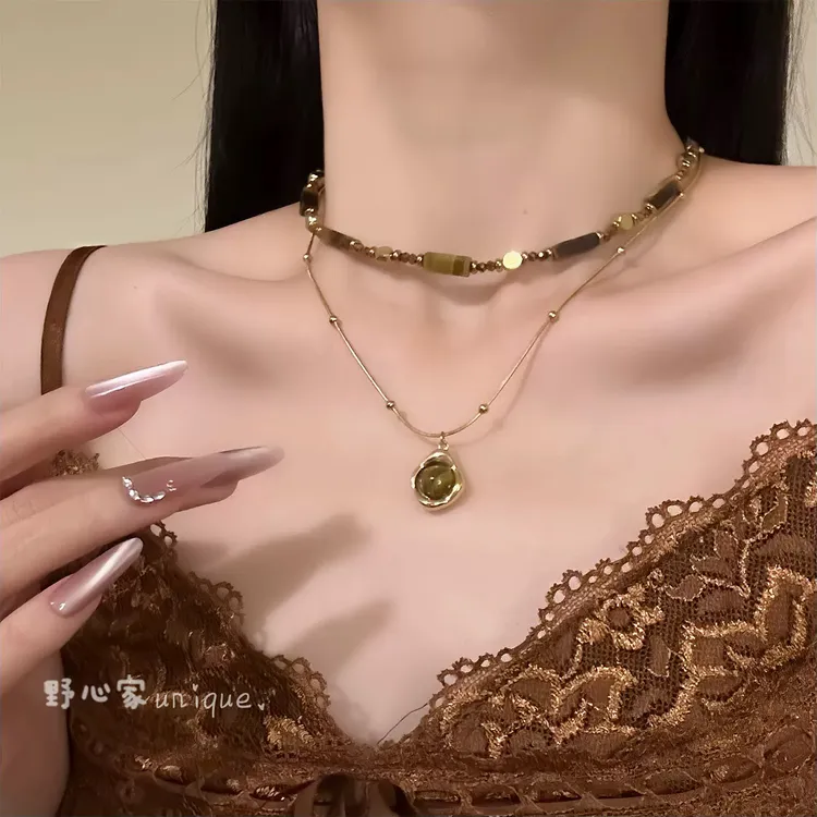 纯铜大理石项链 【落日余晖】秋冬复古虎眼石项链美拉德叠戴锁骨链